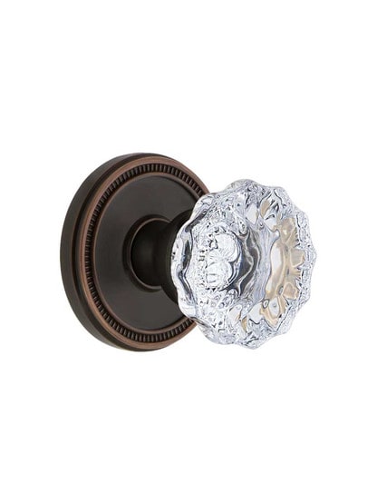 Grandeur Soleil Rosette Door Set with Fontainebleau Crystal-Glass Knobs in Timeless Bronze.